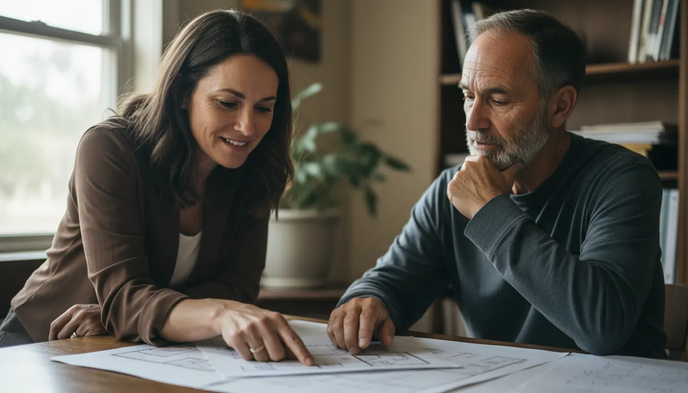 Bridge to Home case manager meeting with client reviewing housing plan documents
