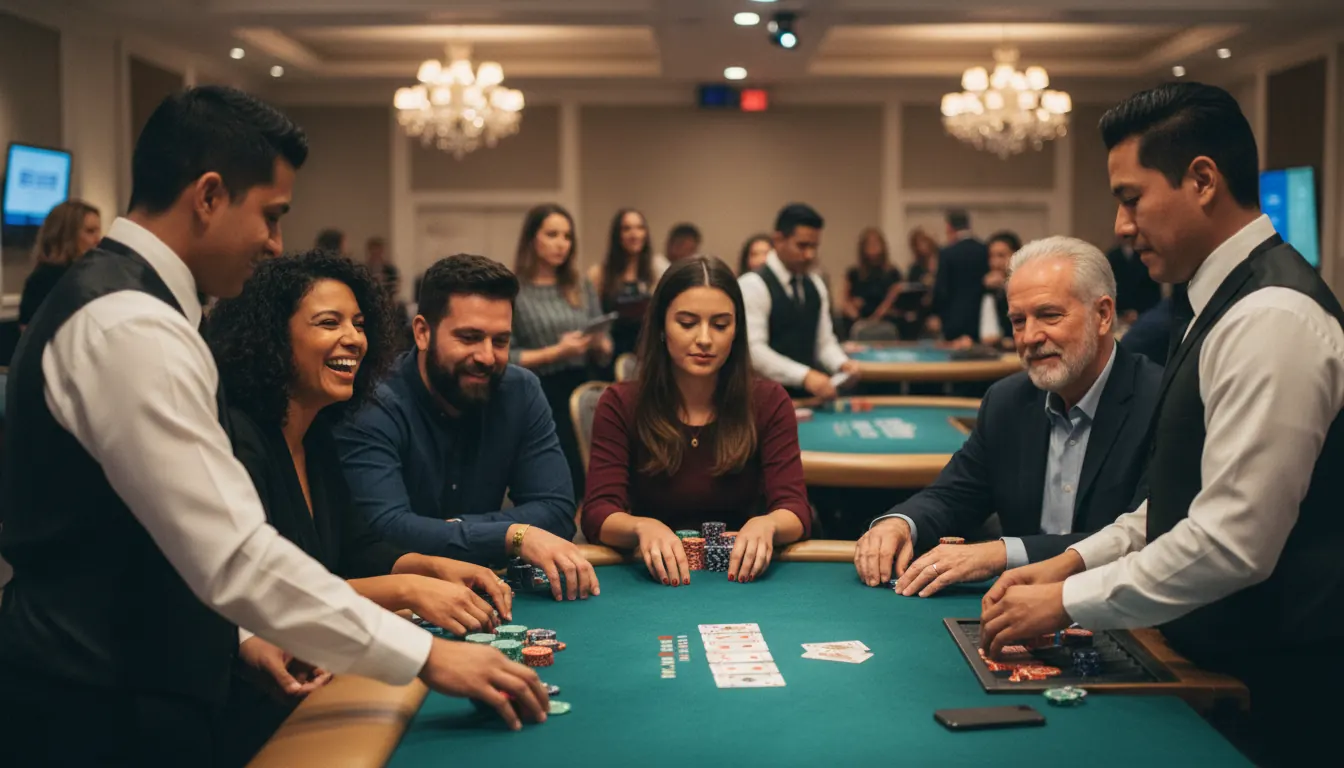 Guests playing poker at Bridge to Home charity casino fundraising event with professional dealers