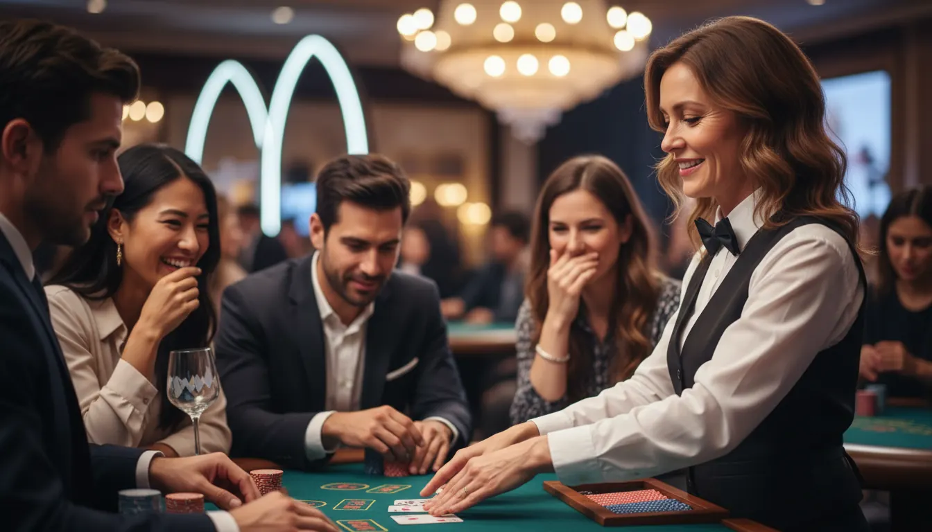 Professional dealer running blackjack table at charity casino night with engaged attendees
