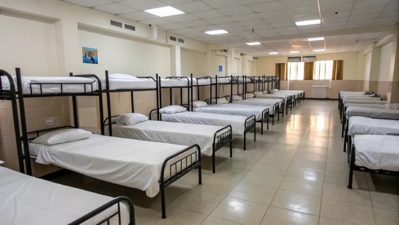 Rows of neatly made beds in a clean, well-lit homeless shelter dormitory room