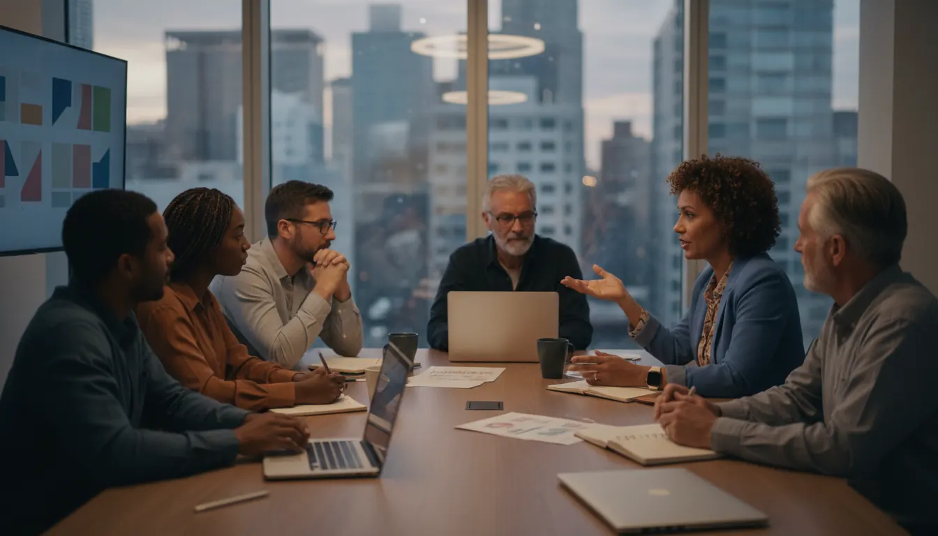 Nonprofit staff and community partners collaborating at strategy meeting for homeless services