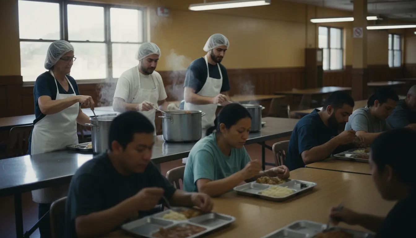 Volunteers serving hot meals to people at homeless shelter dining area