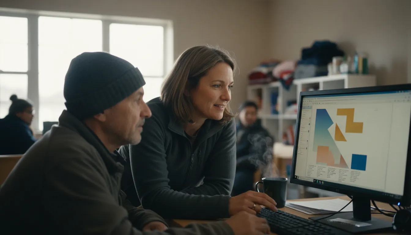 Winter shelter case manager helping client access housing resources on computer