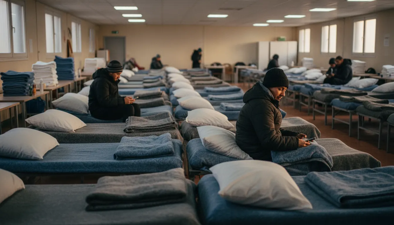 Emergency winter shelter interior showing clean beds with warm blankets ready for guests